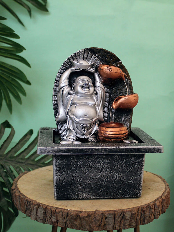 Brown and Silver Laughing Buddha Idol Water Fountain
