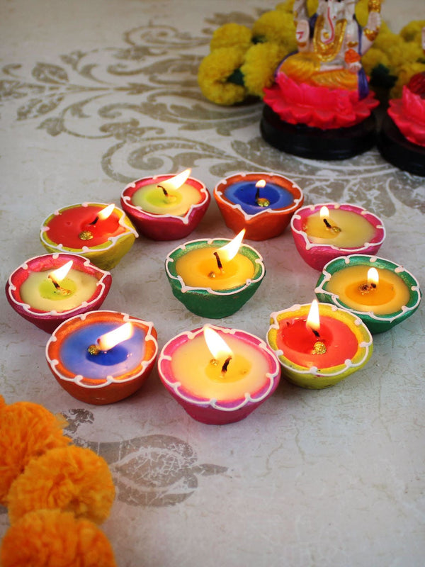 Set of 10 Multi Terracotta Wax Filled Diya Candles