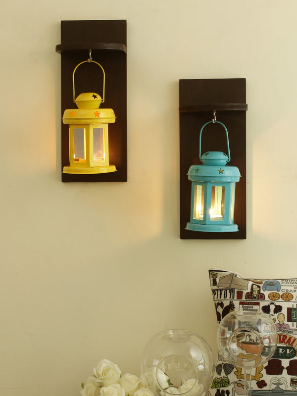 Set of 2 Brown and Blue Wall Shelf With Lantern