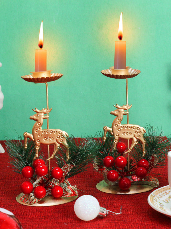 Set of 2 Christmas Table Centerpieces Reindeer Candle Holder with Red Berries
