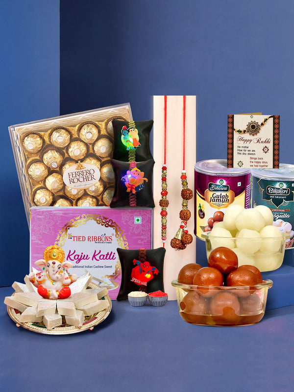 Premium Family Rakhi Set with Chocolates, Kaju Katli, Rasgullah and Gulab Jamun Gift Pack