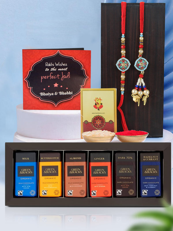 Sweet Surprises Bhai Bhabhi Rakhi With Green & Black's Organic Classic Milk & Dark Miniature Chocolate