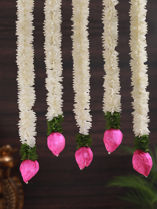 Pack of 5 Traditional Indian Mogra Gajra Garlands with Lotus Buds Artificial Flowers Decoration