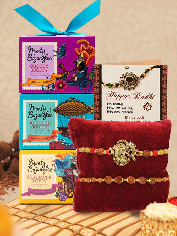Chocolate Treats And Rudraksh Rakhi Combo - Set Of 2