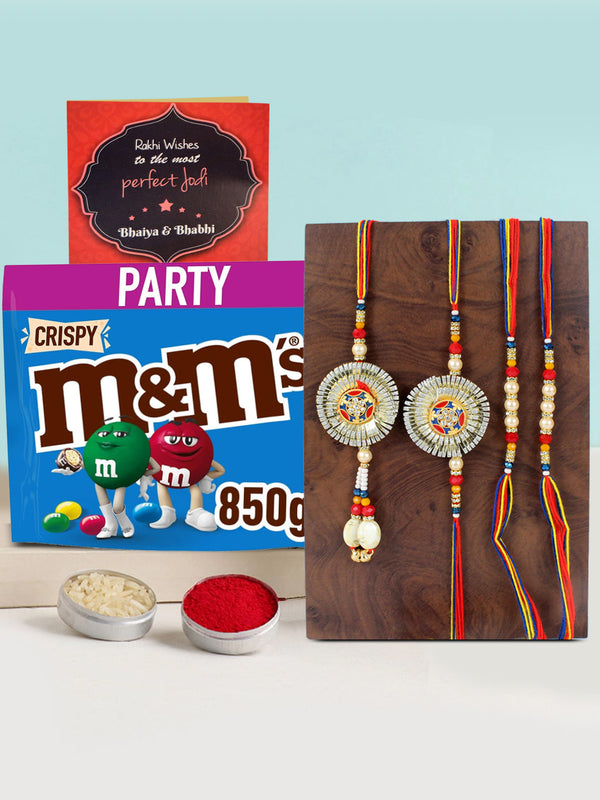 Elegantly Cute Family Rakhi Set With M&M'S Crispy Milk Chocolate Party Bulk Bag