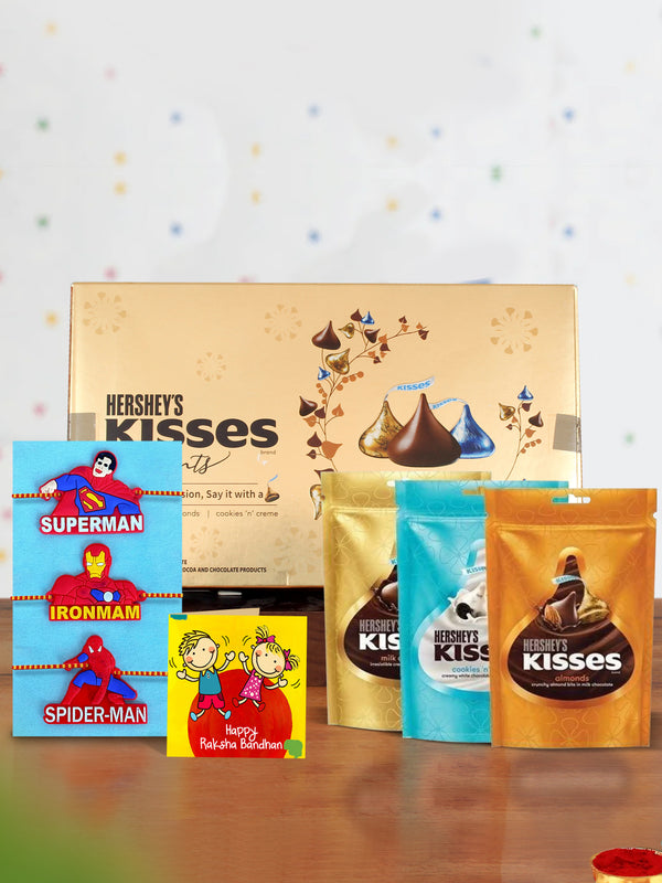Rakhi for Kids boys with Gift - Set of 3 Kids Rakhi with 1 Hershey's Kisses Chocolate Pack