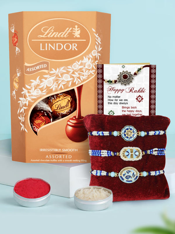 Set of 3 Florid Kundan Rakhi With Lindt Lindor Chocolate Truffles Box