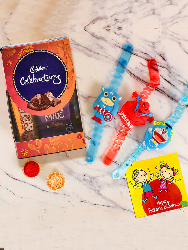 Rakhi for Kids Boys with Chocolates Gift Pack - Pack of 3 Rakhi with Lights and Cadbury Celebration Chocolates Pack - Cartoon Rakhis for Kids