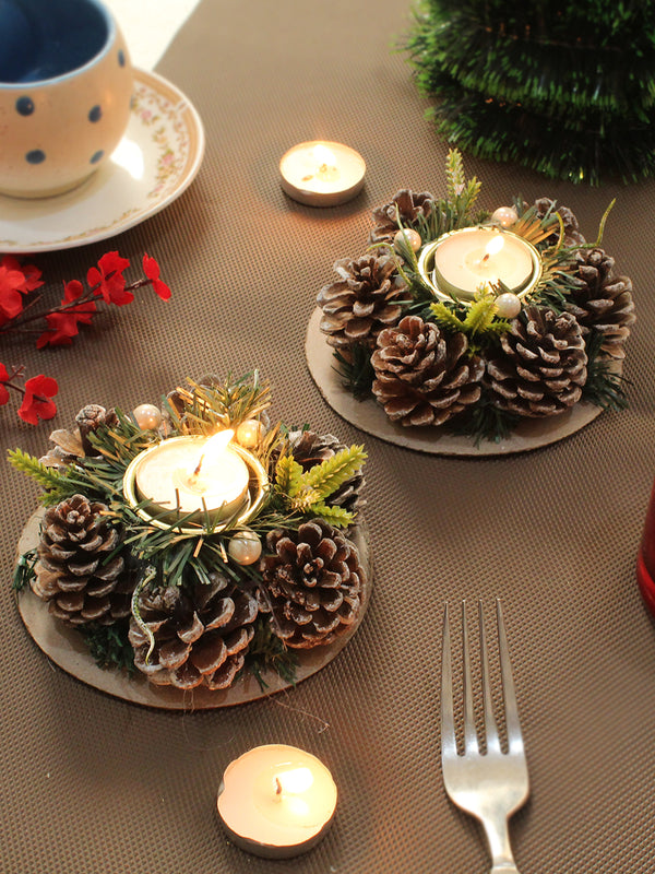 Set of 2 Christmas Wreath Tealight Candle Holder Stand for Table Indoor Outdoor (Multi, 11.6 cm)