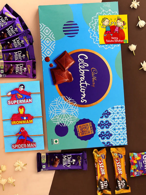 Rakhi for Kids boys with Gift - Set of 3 Kids Rakhi with Cadbury Celebration Chocolates Pack