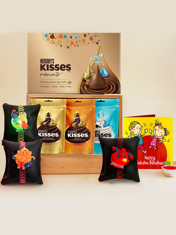 Kids Rakhi for Brother with Chocolate Gift Pack - Set of 2 Kids Rakhi with lights and Chocolates Gift Pack