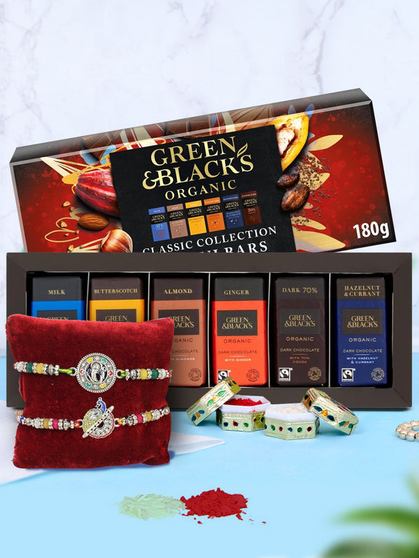 Set of 2 Designer Metal Rakhi With Green & Black's Organic Classic Milk & Dark Miniature Chocolate