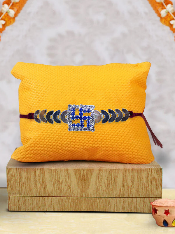 Blue & Silver Diamond Swastik Rakhi | Rakhi Card and Roli Chawal