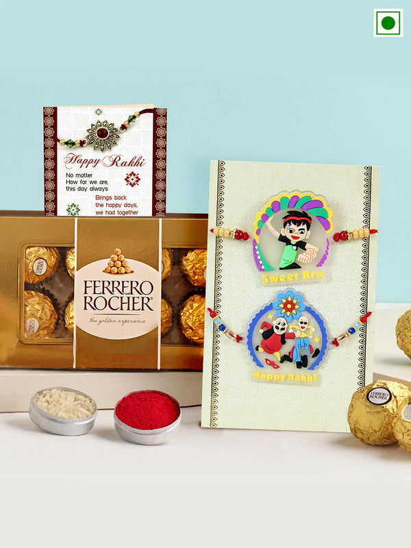 Rakhi for Kids with Chocolate Gift Hamper - Motu Patlu Cartoon Rakhi Set of 2  with Chocolate Box Greeting Card and Roli Chawal