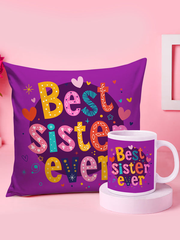 Best Sister Ever Printed Cushion Cover with Filler and Coffee Mug