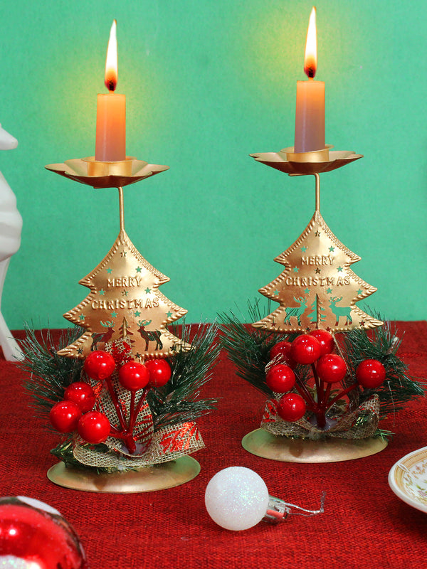 Set of 2 Christmas Table Centerpieces Christmas Tree Candle Holder with Red Berries