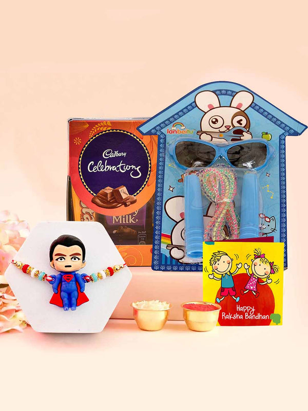 Rakhi for Kids with Gift - Premium Kids Rakhi with Cadbury Celebration Chocolates Pack with Glass and Jumping Rop Gift