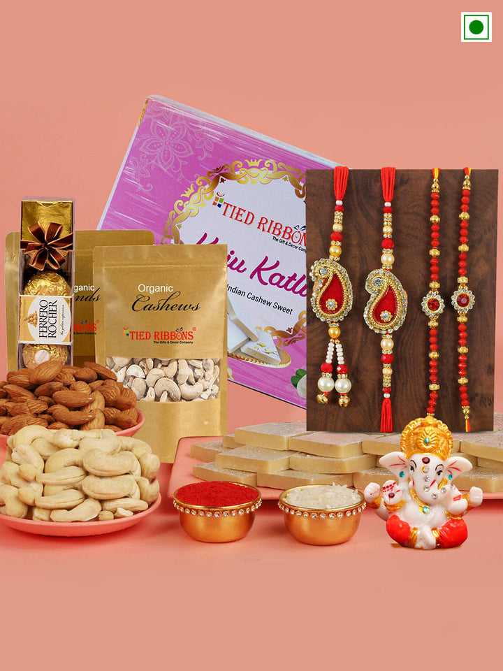 Designer Family Rakhi with Sweets, Chocolate, Dry Fruits & Mini Ganesha Idol