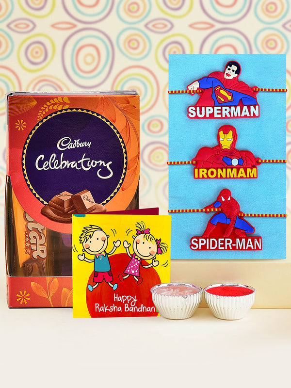 Rakhi Gifts for Kids - Set of 3 Kids Rakhi with Cadbury Celebration Chocolates Gift Set
