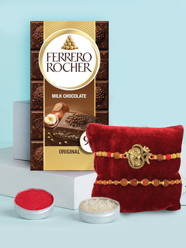 Divine Antique Rudraksh Rakhi (Set of 2) With Ferrero Rocher Original Milk Chocolate Bar