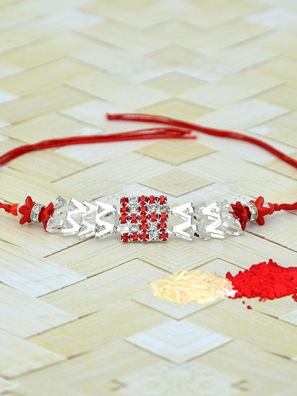Red & Silver Diamond Swastik Rakhi | Rakhi Card and Roli Chawal