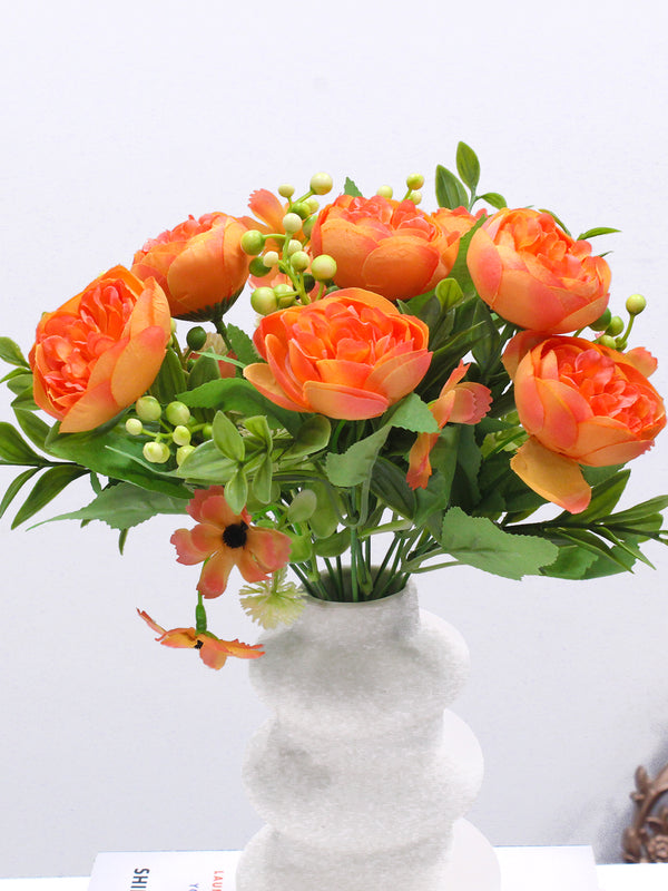 2 Pcs Orange Artificial Rose Peony Flowers Bunch Sticks (Without Vase)