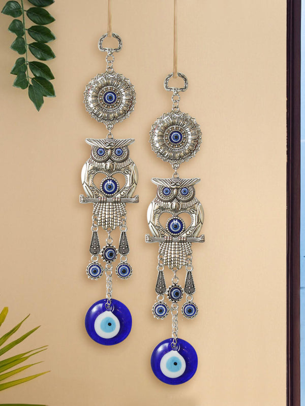 Set of 2 Silver Toned & Blue Owl Evil Eye Door Wall Hanging