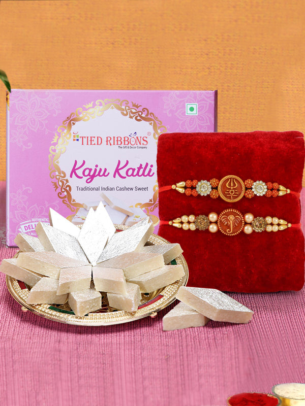 Set of 2 Premium Rakhi with Kaju Katli Gift Pack Mini Greeting Card and Roli Chawal - Rakhi for Brother