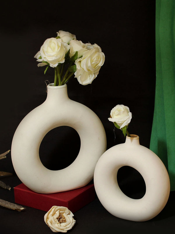 White 2 Pcs Donut-Shaped Ceramic Flower Vases