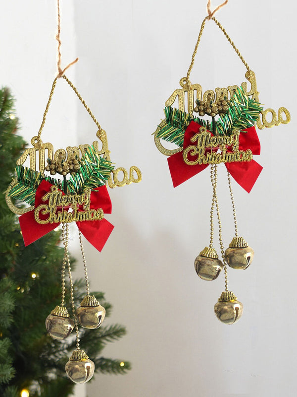 Set Of 2 Red Merry Christmas Door Wall Hanging With Bells