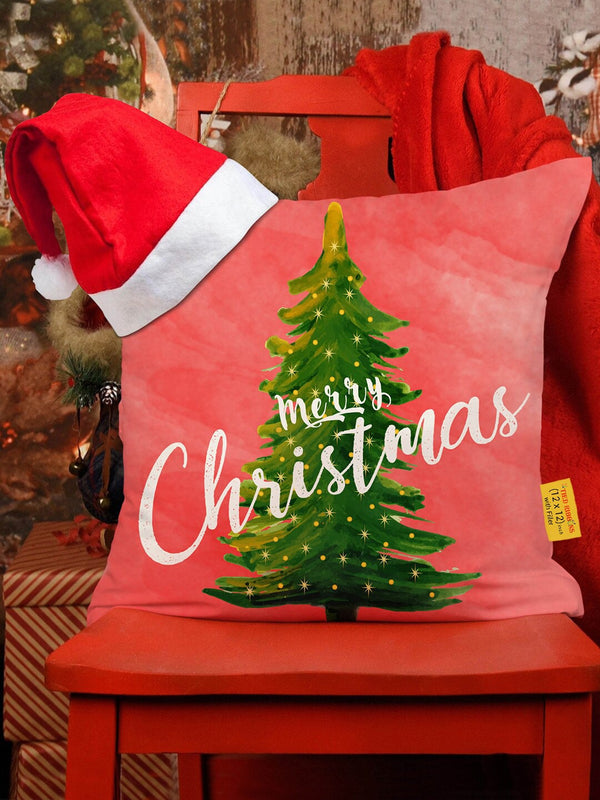 White & Red Christmas Printed Square Cushion Cover With Filler & Santa Cap