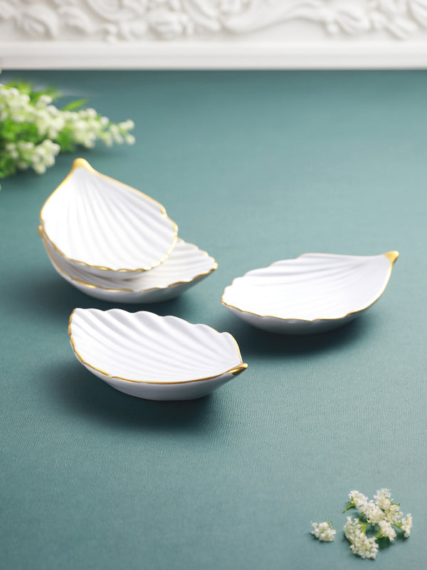 White & Gold Toned 4 Pcs Textured Leaf Shape Serving Platters - 350 ml each