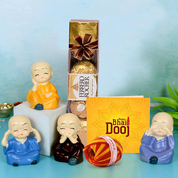 Bhai Dooj Combo Gifts (Monk Idol Statue ) for Brother with Ferrero Rocher Chocolates, Kalawa & Roli Chawa