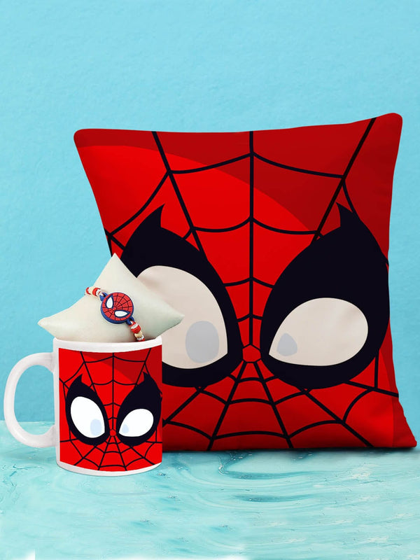 Red & Black Spiderman Rakhi with Coffee Mug & Cushion Combo