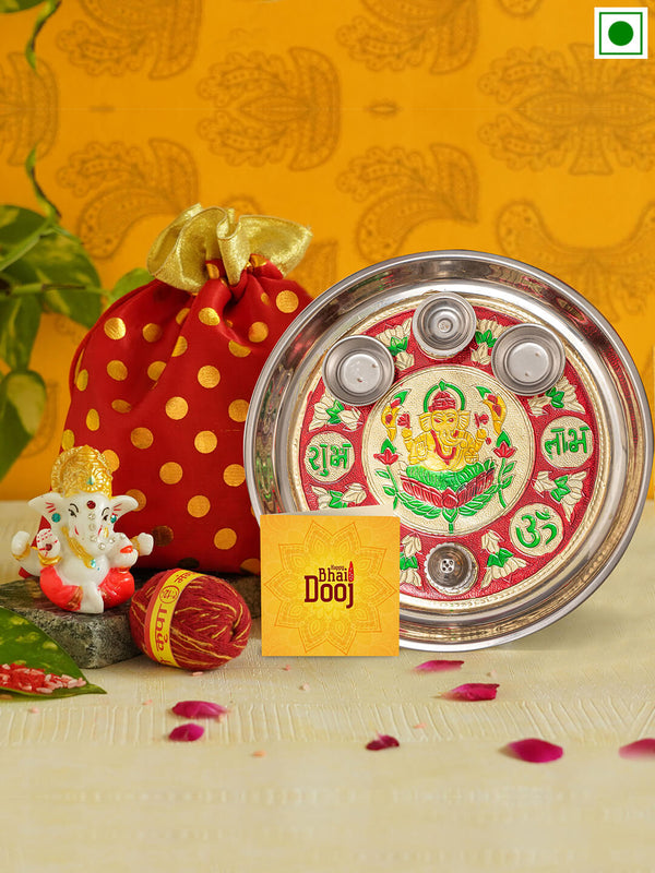 Bhai Dooj  Gift Set for Brother with pooja thali  and ganesha idol,Organza Bag