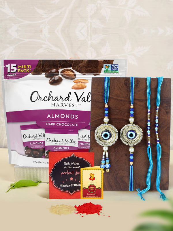 Protective  Evil-Eye Family Rakhi Set With Orchard Valley Harvest Dark Chocolate Almonds Pack