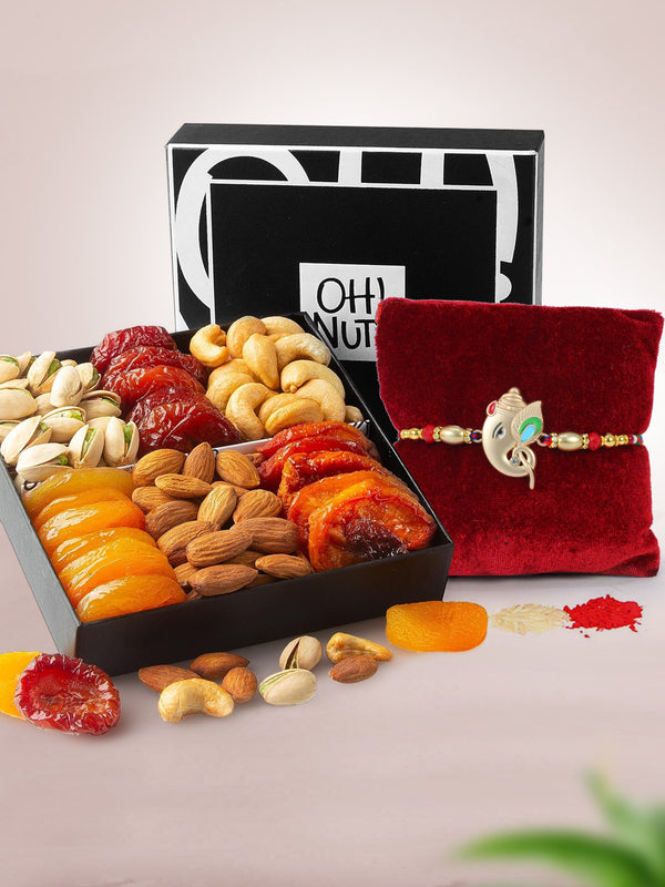 Special Vibrant Ganesha Rakhi With Nuts & Dried Fruits Gift Basket