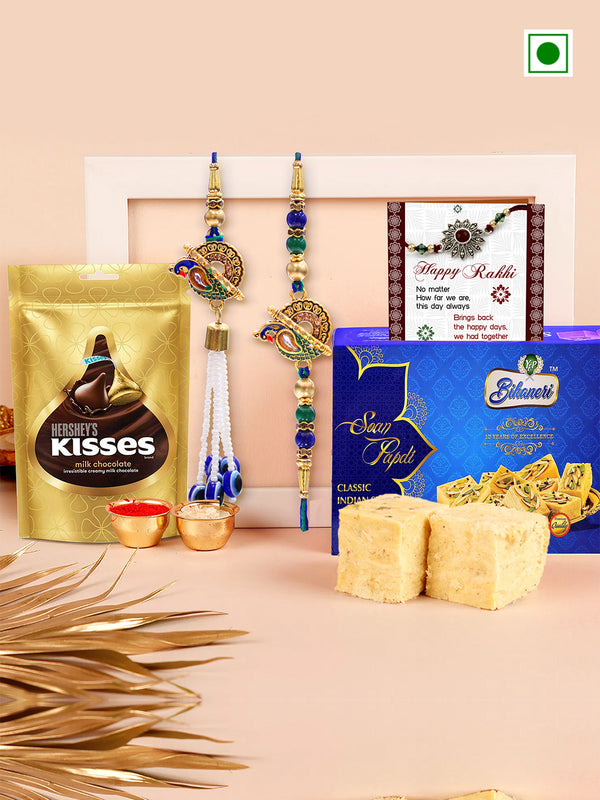 Premium Lumba Rakhi Set of 2 for Bhaiya Bhabhi with Chocolate Soan Papdi Card and Tikka - Bracelet Rakhi for Brother and Bhabhi