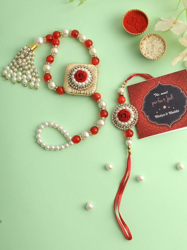 Set of 2 Bracelet Rakhi for Bhaiya Bhabhi, Card & 1  Roli Chawal Combo