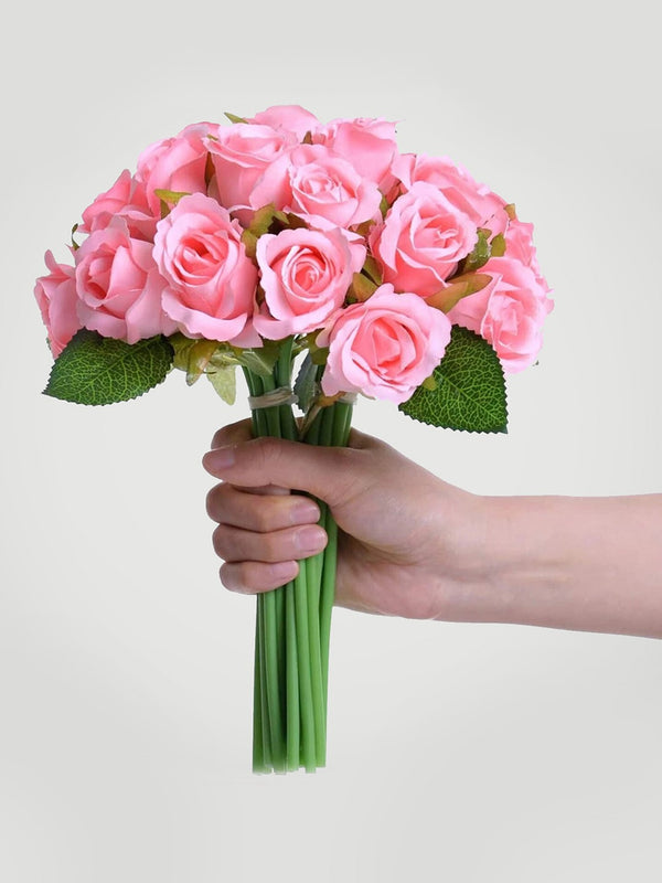 Set Of 12 Pink and Green Artificial Rose Flowers
