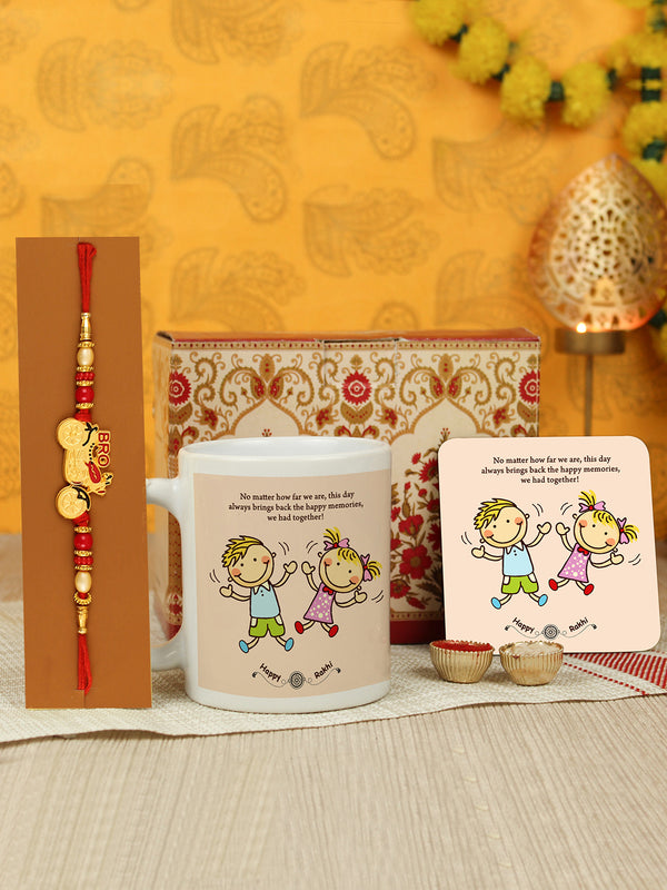 Rakhi for Brother with Gift Set, Milk Mug (325 ml), Coaster, Mini Card and Roli Chawal Tika