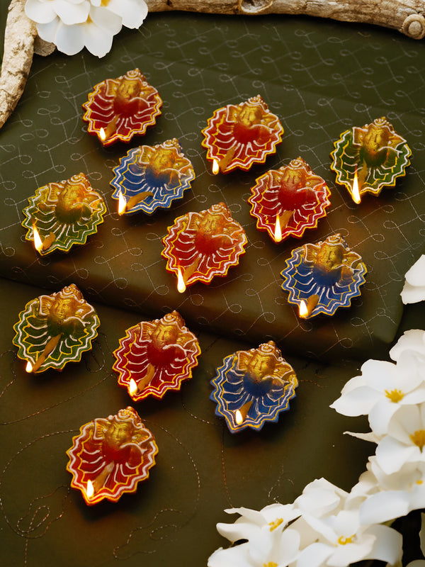 Ganesha Shape Colorful Clay Diyas for Diwali Decorations - Pack of 12