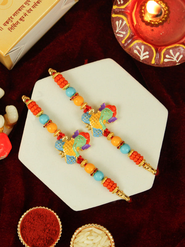 Multicolor Designer Ganesha Rakhi ( Set of 2)| Rakhi Card and Roli Chawal Tika