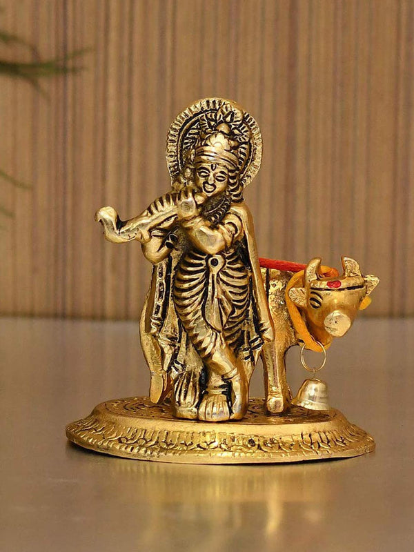 Gold Toned Lord Krishna Brass Idol