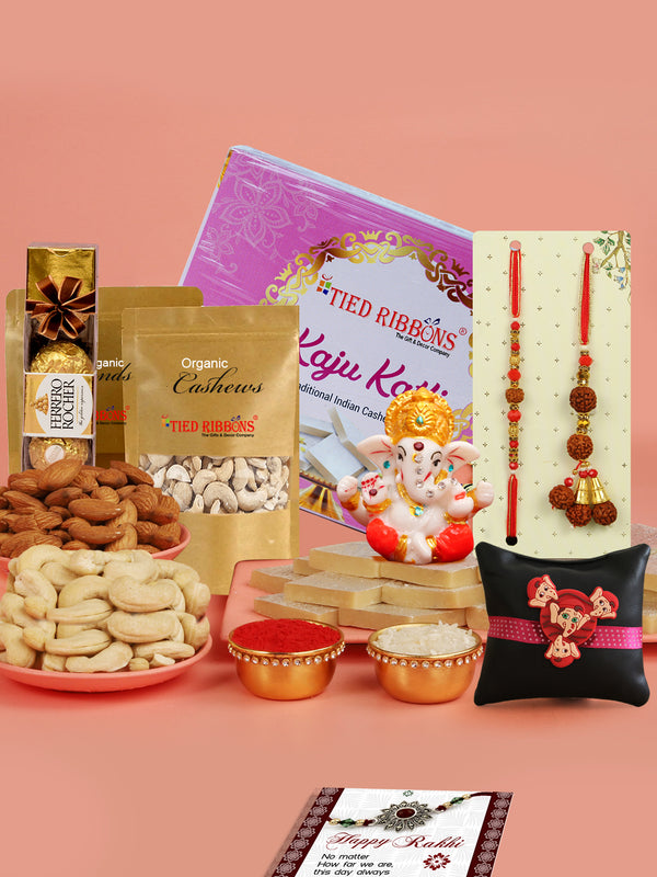 Rakhi for Brother and Bhabhi with Chocolate Sweets and Dry Fruits Combo Gift - Premium Set of 2 Rakhi with Kaju Katli, Almonds, Cashew, Chocolates and Mini Ganesha