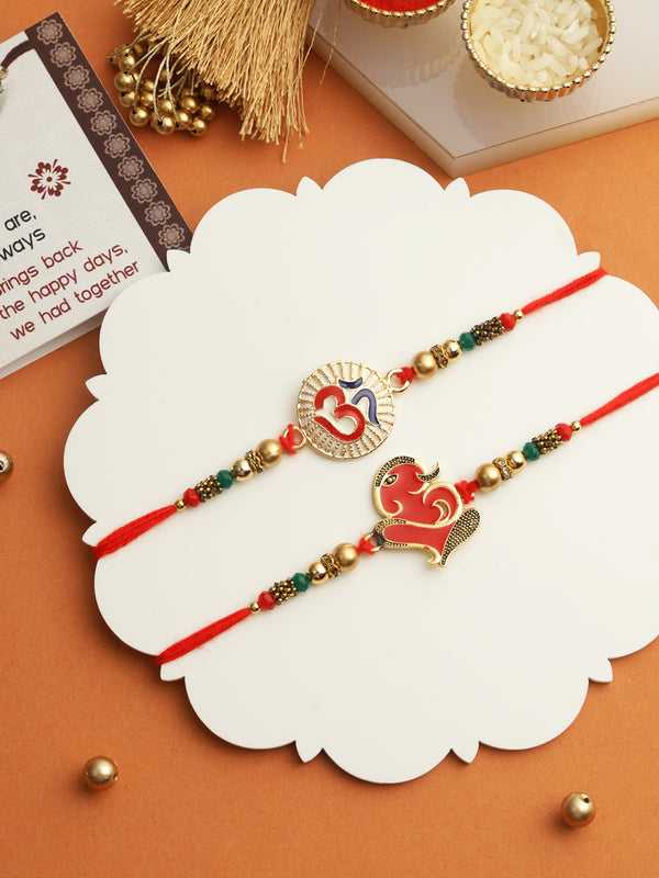 Brother Rakhi Set of 2 (Om + Ganesha)| Rakhi Wishes Card | Roli Chawal Chandan Packet