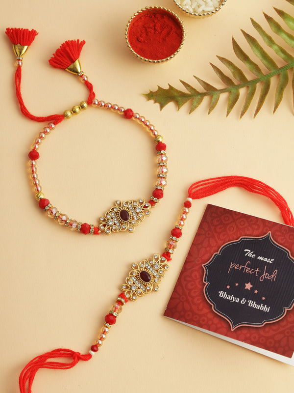 Set of 2 Kundan Bracelet Bhaiya Bhabhi Rakhi, Card & 1 Roli Chawal