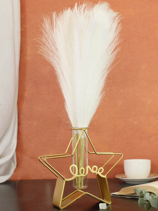 Set of 3 Faux Pampas Small Fluffy Artificial Flowers Fake Flower (White) with Vase