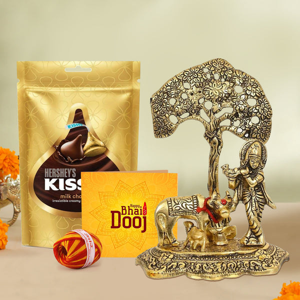 Bhai Dooj Combo Gifts (Metal Krishna Idol Statue ) for Brother with Hershey's Kisses Chocolate, Kalawa & Roli Chawa