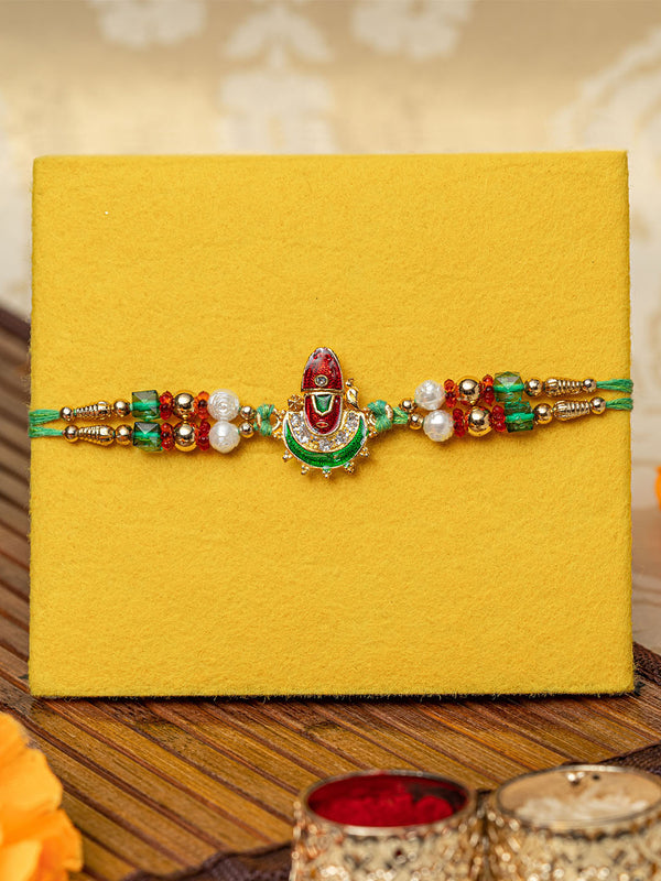 Raksha Bandhan Multicolor Designer Rakhi | Wishes Card & Roli Chawal Tika Packet